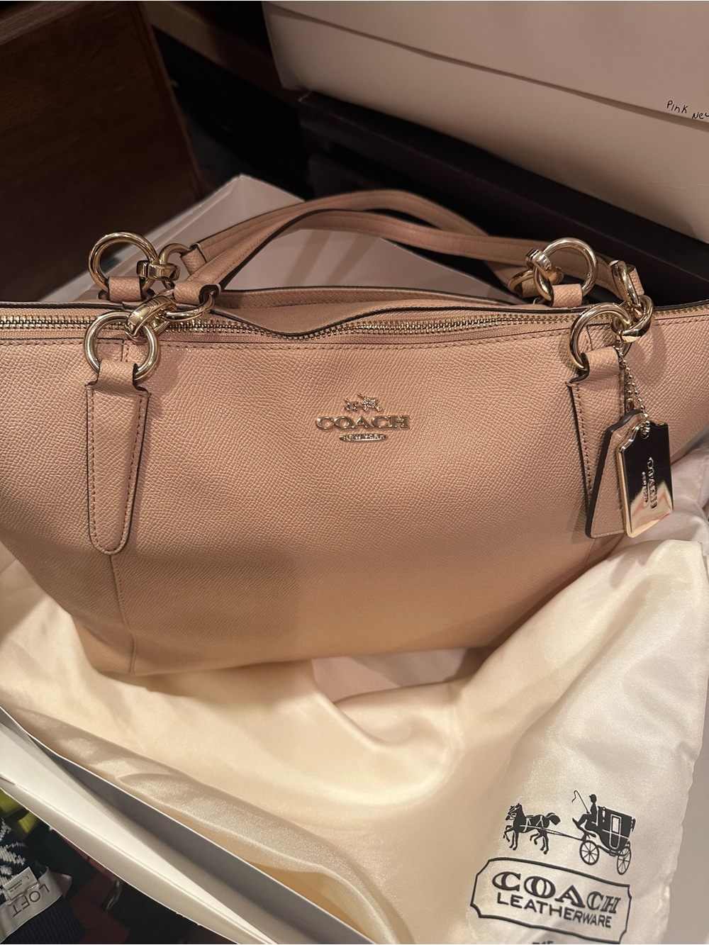 Coach Pale Beige Leather Tote with Gold Accent Hardware